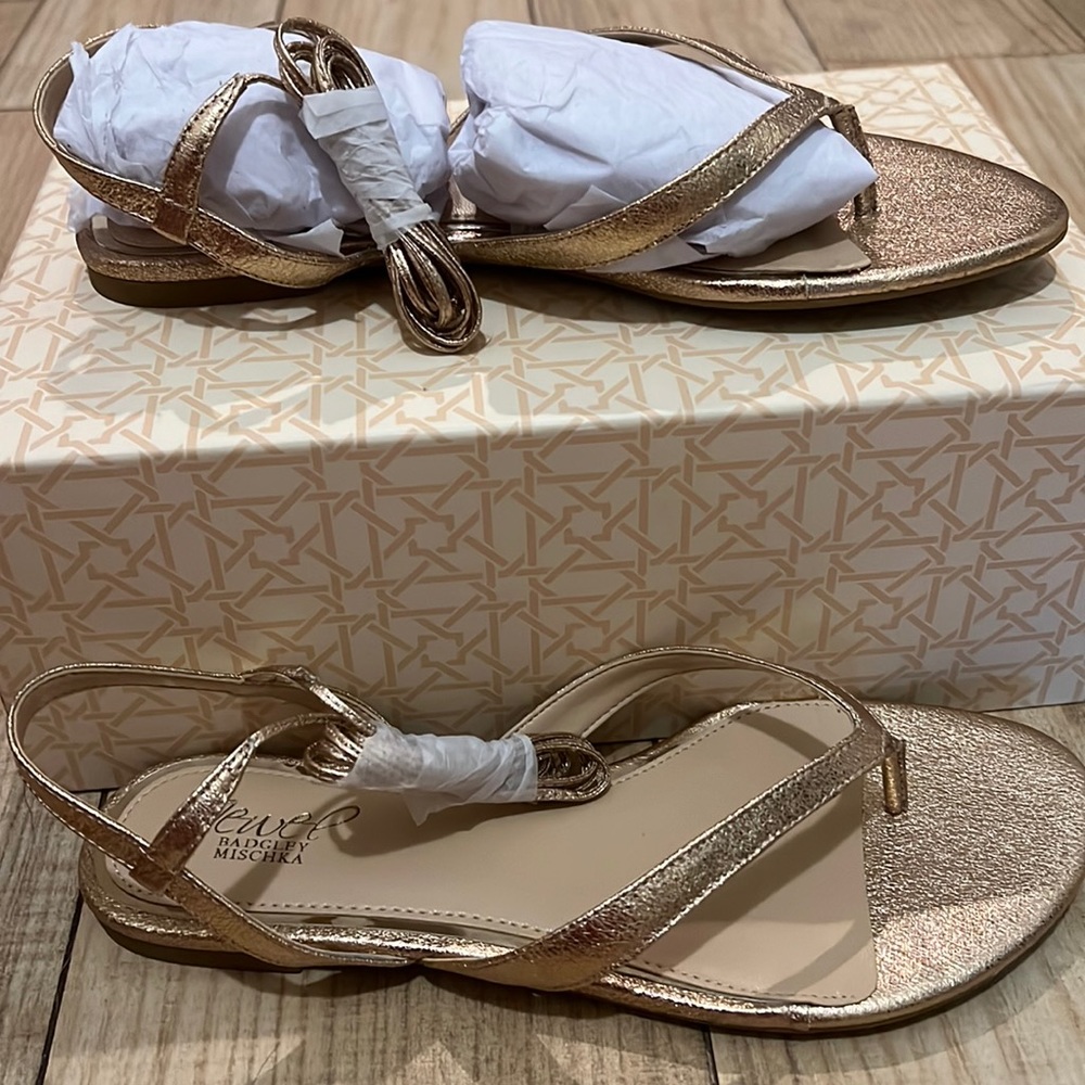 Jewel Badgley Mischka Nolana rose gold lace-up thong sandal